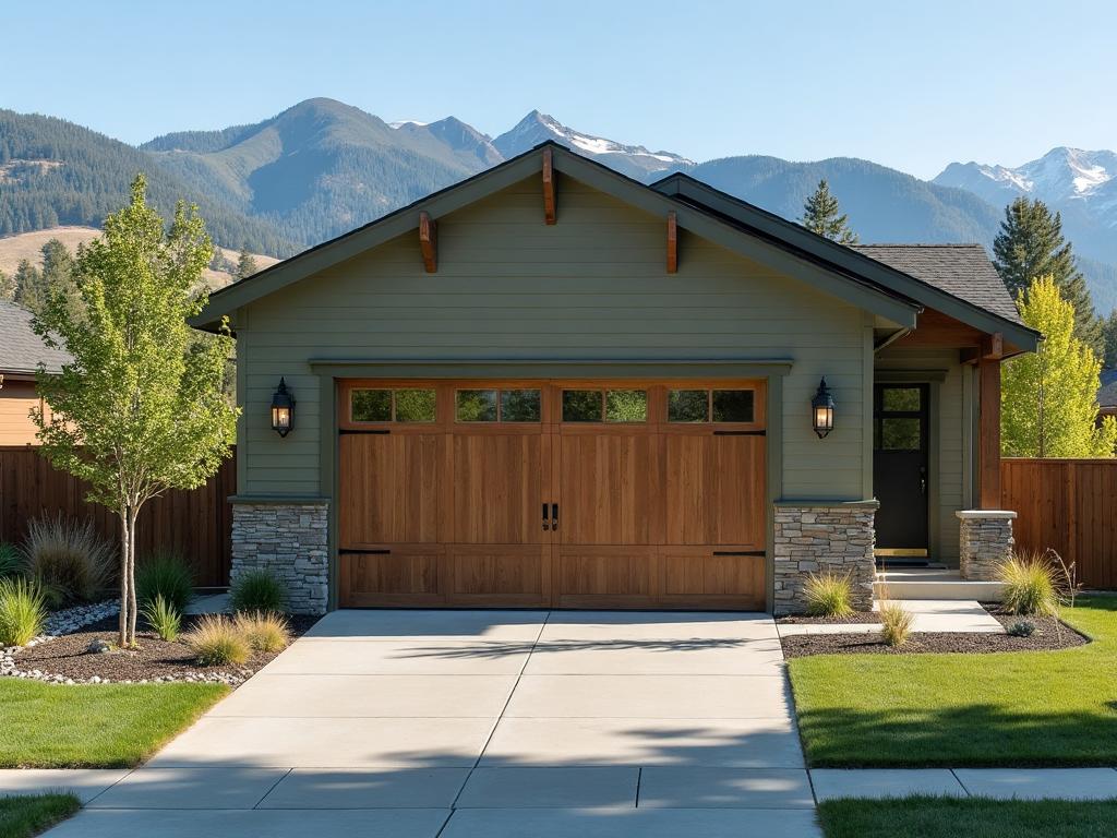 Beautiful carriage-style garage door with Methow Valley mountains in background